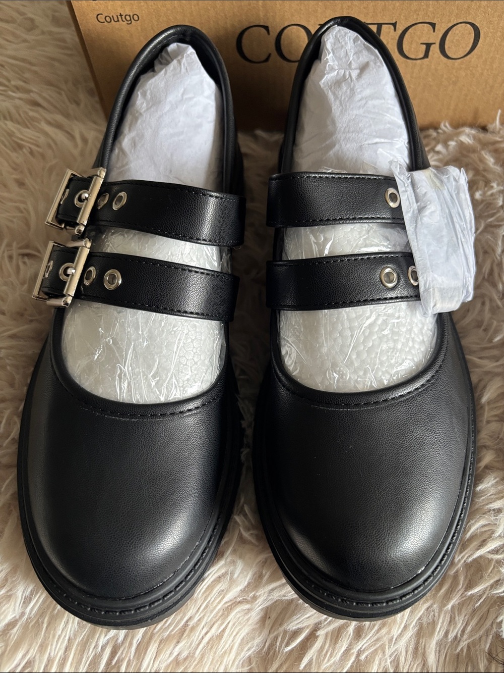 Coutgo Black Double-Strap Mary Jane Platform Shoes - Picture 2 of 4